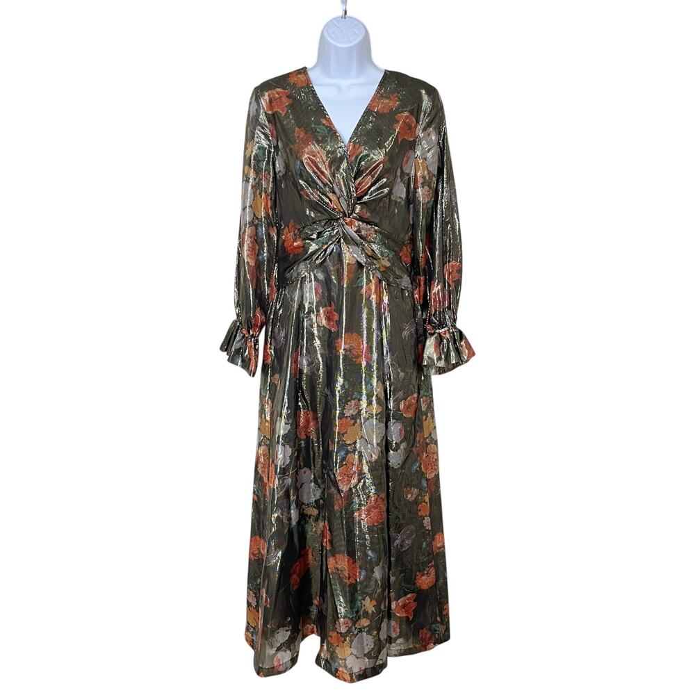 Anthropologie Caballero Deep V-Neck Maxi Dress $248 Size S Brown Motif Metallic